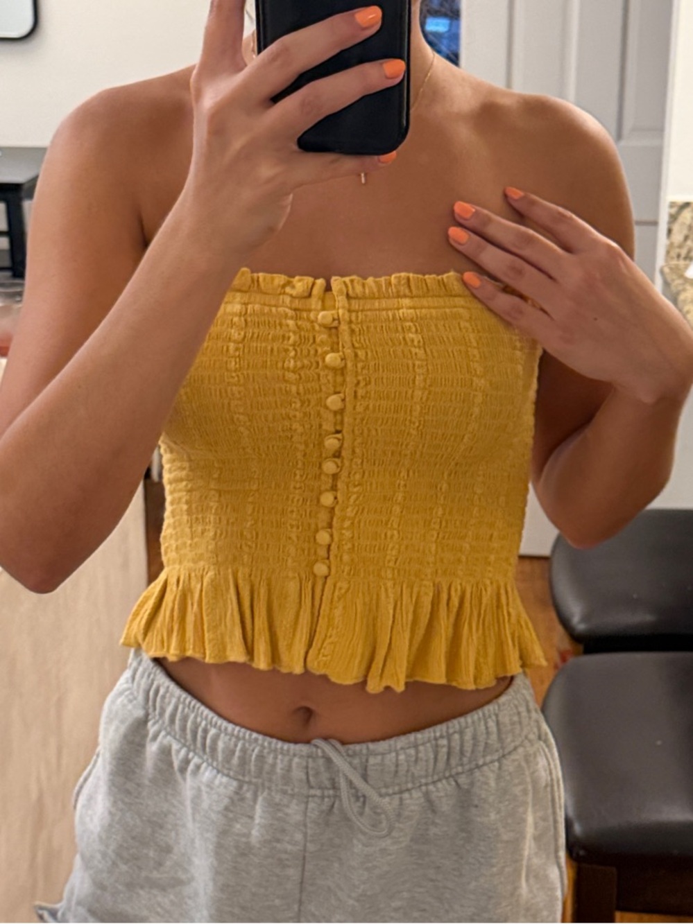 American Eagle Yellow Smocked Ruffle Strapless Top in Small
